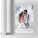 Íman Script de Cinza de Amor de Foto de Casamento Perso<br><div class="desc">Celebre o seu casamento com este ímã flexível de manutenção, que inclui a palavra "amor" no elegante roteiro de escrita de cinzas de carvão com baloiços no início e no fim. Personalize-o com seus nomes e data de casamento, e substitua a imagem de amostra pela sua foto favorita de casamento....</div>