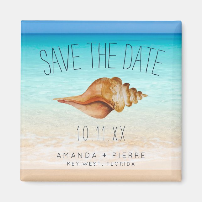 Íman Seashell Beach Wedding Save the Date (Frente)