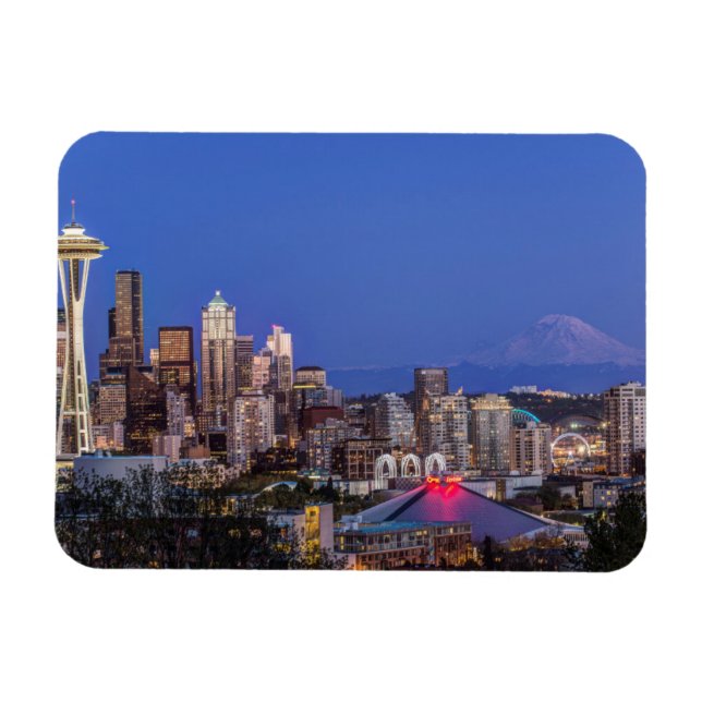 Íman Seattle, Centro e o Monte Rainier em Twilight (Horizontal)
