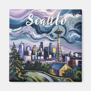 Íman Seattle Skyline Van Gogh Style Viagens vintage Art