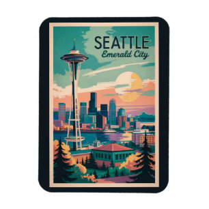 Íman Seattle Washington Skyline Viagem Art Vintage