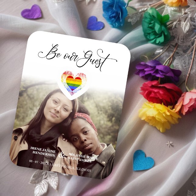 Íman Seja nosso Orgulho Hóspede Arco-íris Coração Foto  (Be our Guest Quote Cute Pride Rainbow Heart Lesbians Gays Photo Save the Date Magnet Card. )