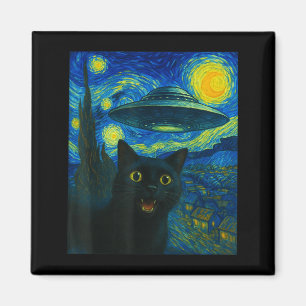 Íman Selfie de Gato com Alien Ufo Noite Van Gogh Homens