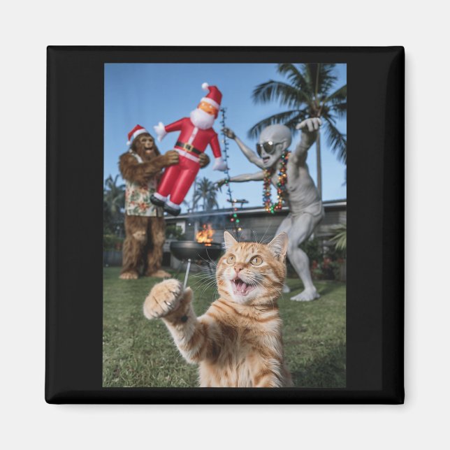 Íman Selfie De Gato Com Alienígena E Pé Grande De Natal (Frente)