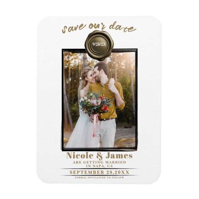 Íman Selo de Cera Dourada Foto Casamento Salve a Data (Vertical)