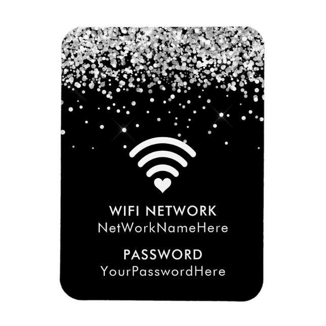Íman Senha e rede WiFi Preta Silver Glitter (Vertical)