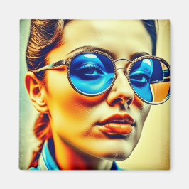 Íman Senhora bonito com óculos de sol azuis com reflexo