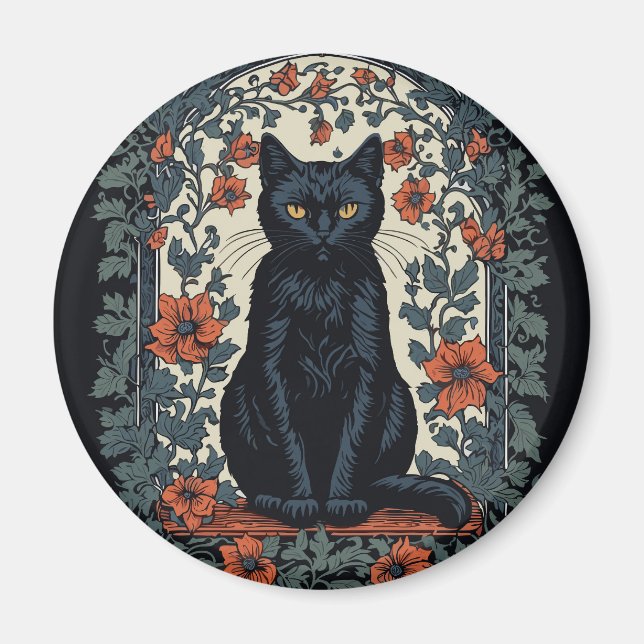 Íman Sentado Black Cat Vintage Floral (Frente)