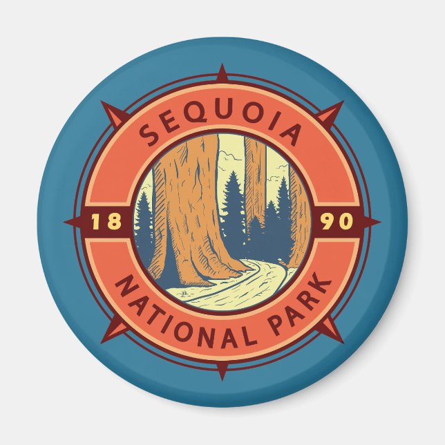 Íman Sequoia National Park Illustration Compass Retroat (Frente)
