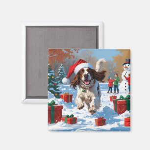 Íman Setter Inglês Correndo na Neve com Chapéu de Natal