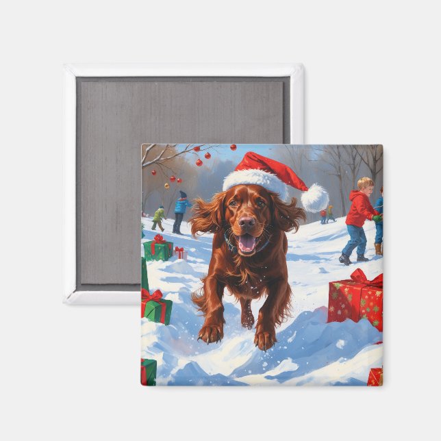 Íman Setter Vermelho Irlandês Correndo na Neve com Chap (Front/Back)