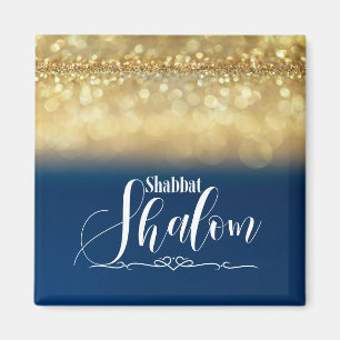 Íman Shabbat Shalom Azul Dourado Brilho Glam Luxo
