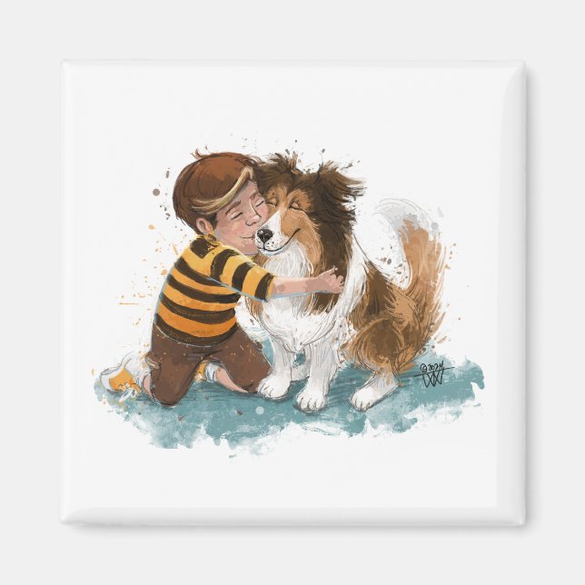 Íman Sheltie e cachorro abraçam (Frente)