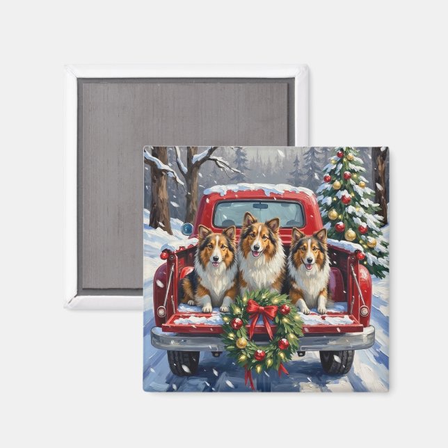 Íman Shetland Sheepdog Christmas Red Truck Holiday (Front/Back)