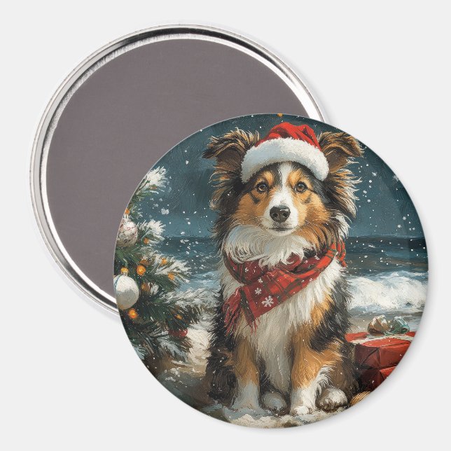Íman Shetland Sheepdog Christmas Vintage Beach (Front/Back)