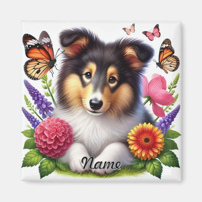 Íman Shetland Sheepdog com Flores e Borboletas (Frente)