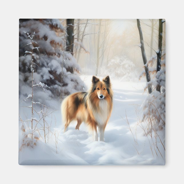 Íman Shetland Sheepdog Deixe-o nevar no Natal (Frente)