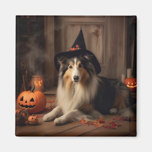 Íman Shetland Sheepdog Pumpkins Halloween Assustado (Frente)