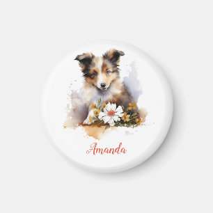 Íman Shetland Sheepdog Puppy Pet Watercolor Fllower