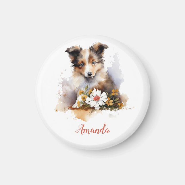 Íman Shetland Sheepdog Puppy Pet Watercolor Fllower (Frente)