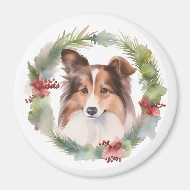 Íman Shetland Sheepdog Wreath Festivo Pup (Frente)