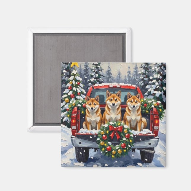 Íman Shiba Inu Christmas Red Truck Holiday (Front/Back)