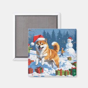 Íman Shiba Inu Correndo na Neve com Chapéu de Natal