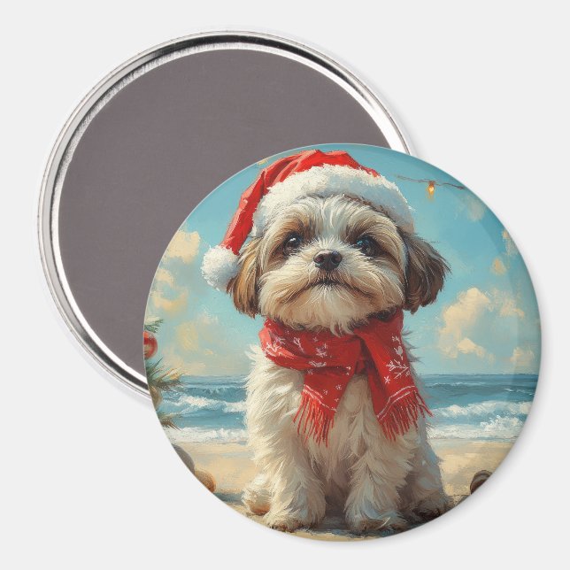 Íman Shih Tzu Dog Christmas Vintage Beach (Front/Back)