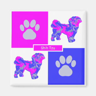 Íman Shih Tzu Silhouette Dog & Paw Pink e Blue Square
