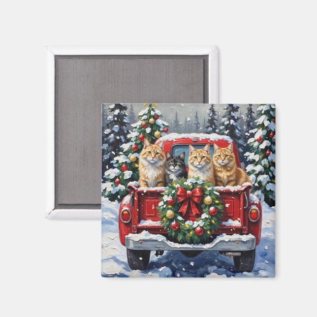 Íman Siberian Cat Christmas Red Truck Holiday (Front/Back)