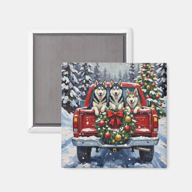 Íman Siberian Husky Christmas Red Truck Holiday (Front/Back)
