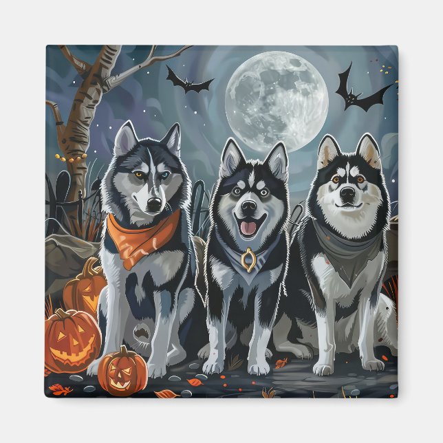 Íman Siberian Husky Halloween Assustador  (Frente)