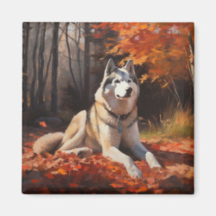 Íman Siberian Husky no Outono Folhas Caídas Inspiram