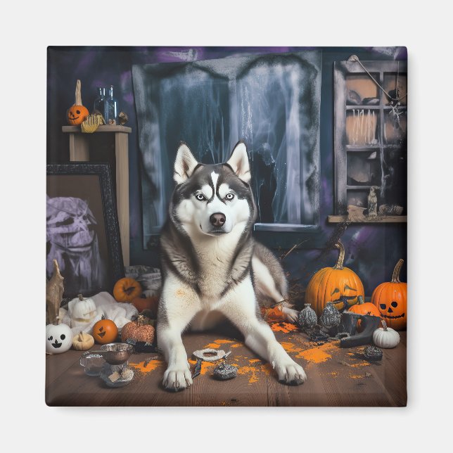 Íman Siberian Husky Pumpkins Halloween Scary (Frente)