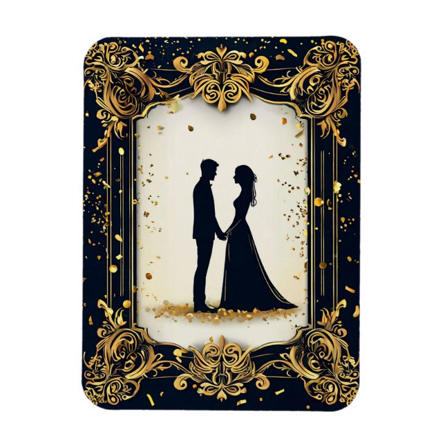 Íman Silhueta de Casamento Elegante com Frame de Ouro d (Vertical)