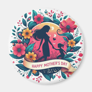Íman Silhueta de Mãe e Filha Floral Dia das Mães