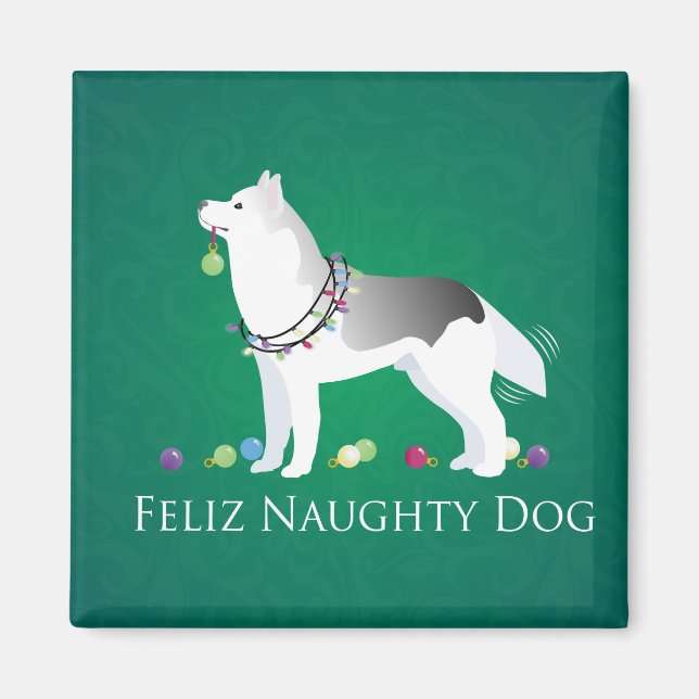 Íman Silver Siberian Husky Feliz Naughn Natal (Frente)