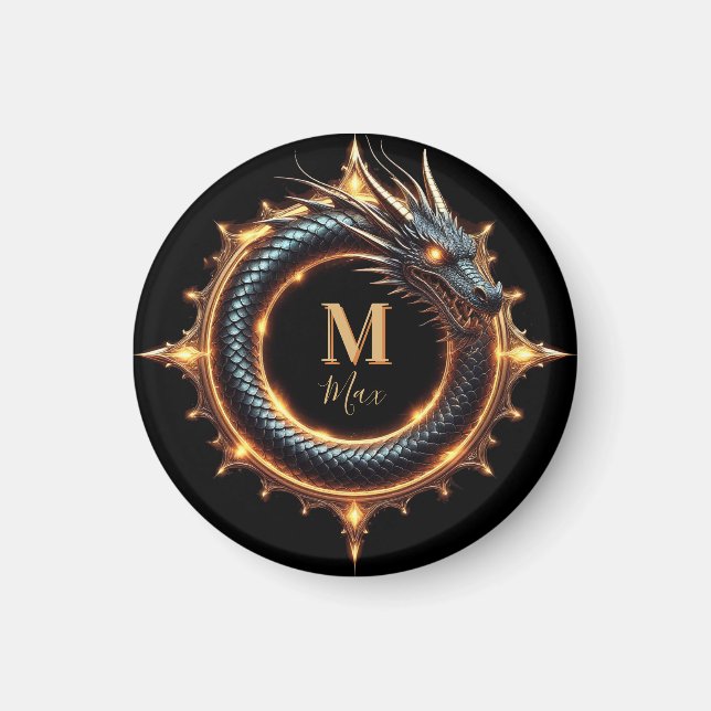 Íman 🐉 Símbolo de Dragão de Fantasia com Nome Personal (Frente)