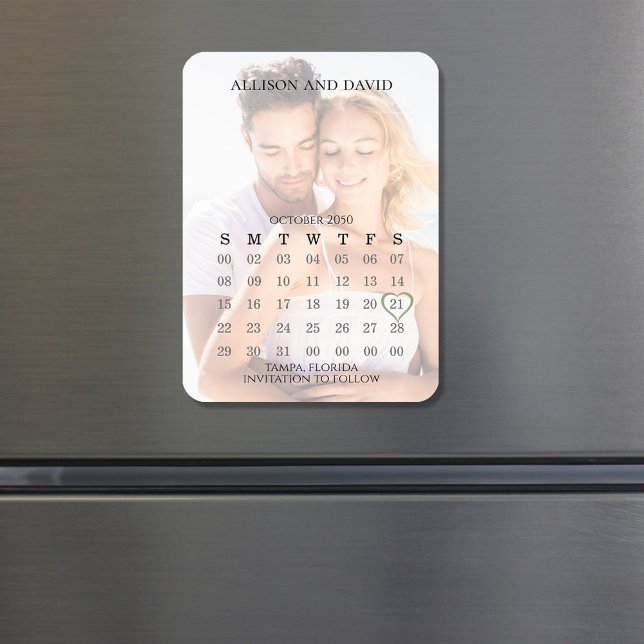 Íman Simples 5 Foto Do Calendário De Casamento De Linha (Wedding save-the-date photo magnet with calendar template. )