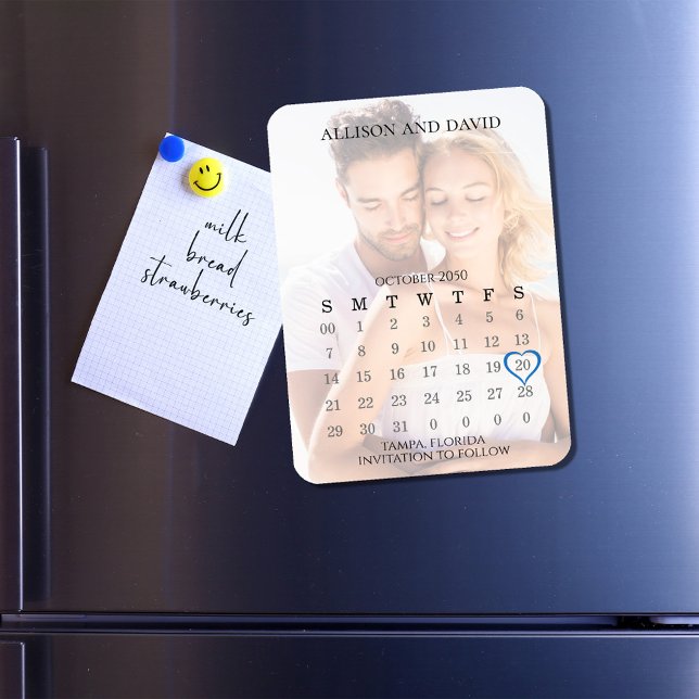Íman Simples 5 Foto Do Calendário De Linha Salvar O Cas (Wedding save the date photo magnet)