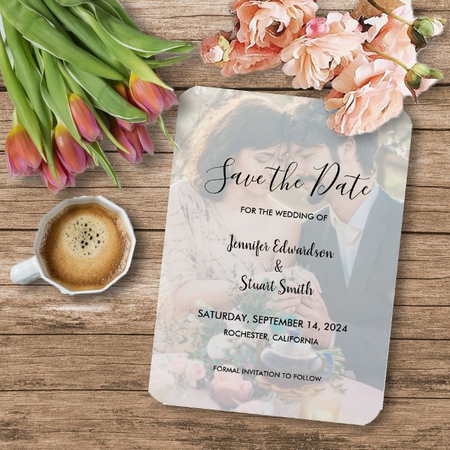 Íman Simples e elegante casamento de fotos Salve a data (Rustic elegant calligraphy photo wedding Save the Date, flexible magnetic card.)