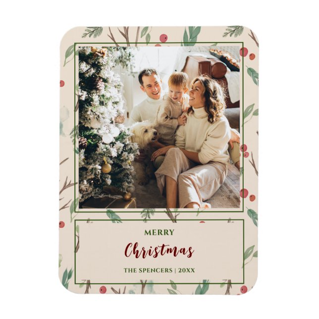 Íman Simples Padrão Botânico Feliz Foto de Natal (Vertical)
