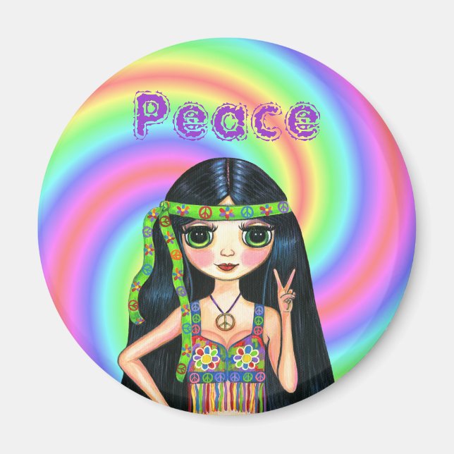 Íman Sinal de Paz Hippie Girl com banda larga na década (Frente)