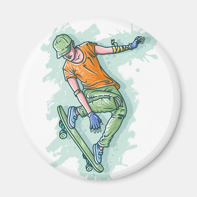 Íman Skater Voador Colorido, Ilustração Engraçada (Frente)