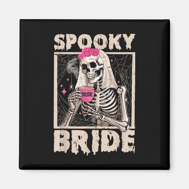 Íman Skeleton Bride Bebendo Café Casamento Halloween C (Frente)