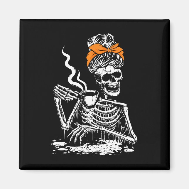 Íman Skeleton Messy Bun Coffee Bebendo Halloween Costu (Frente)