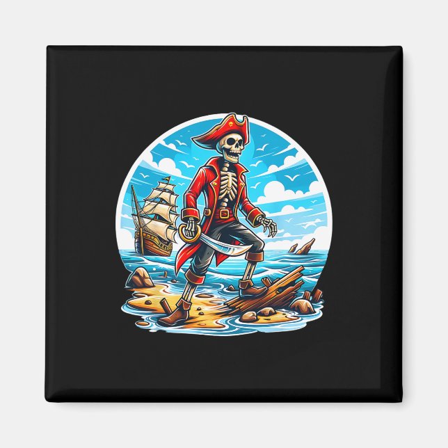 Íman Skeleton Pirate Tee Skull Halloween Skeleton Pirat (Frente)