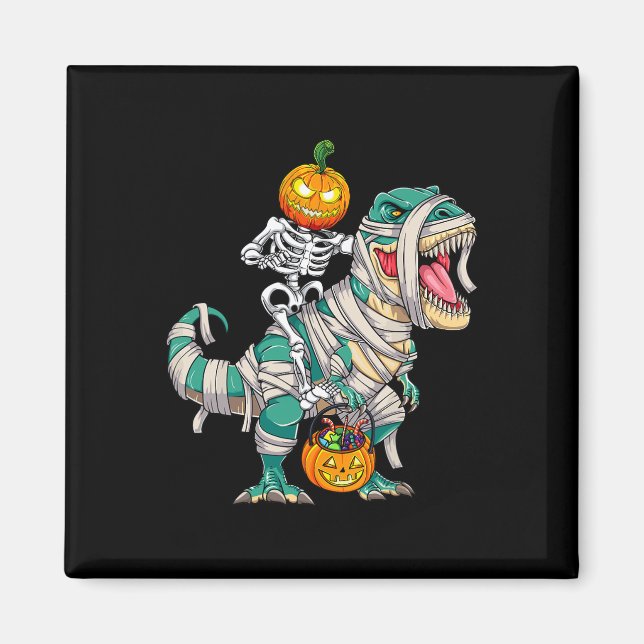 Íman Skeleton Riding Mummy Dinosaur T rex Halloween (Frente)