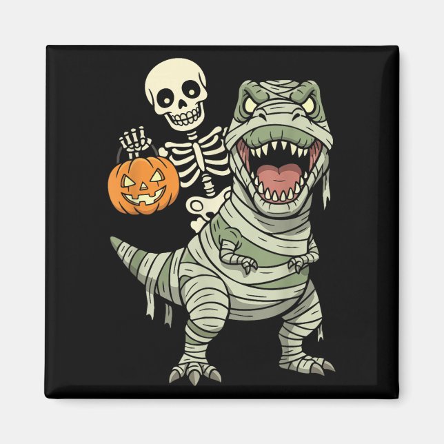 Íman Skeleton Riding Mummy Dinosaur T Rex Halloween Fun (Frente)