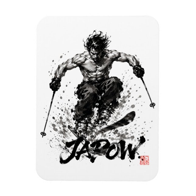 Íman Snowboard Brush Art - Skier Samurai Musashi Ski (Vertical)